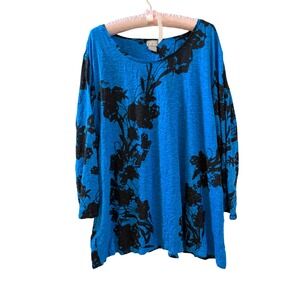 Chicos Zenergy Blue Black Floral Slub Knit Tunic Top Womens Plus Size‎ 4 20 22